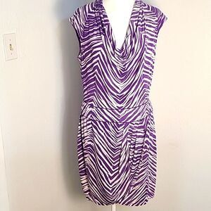 BCBGMaxazria Purple & White Stripe Dress, Cowl Neckline & Wrap Skirt, Size Large